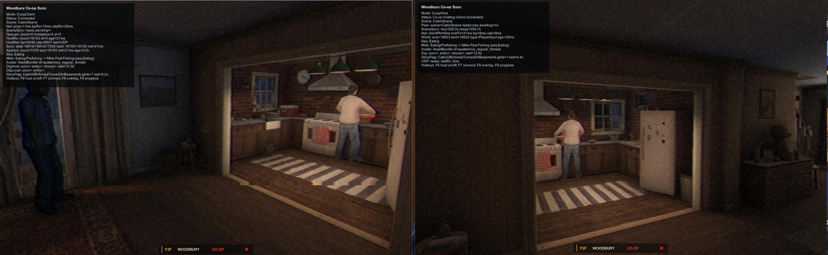 Two Woodbury Co-op players in a synced Cabin test run